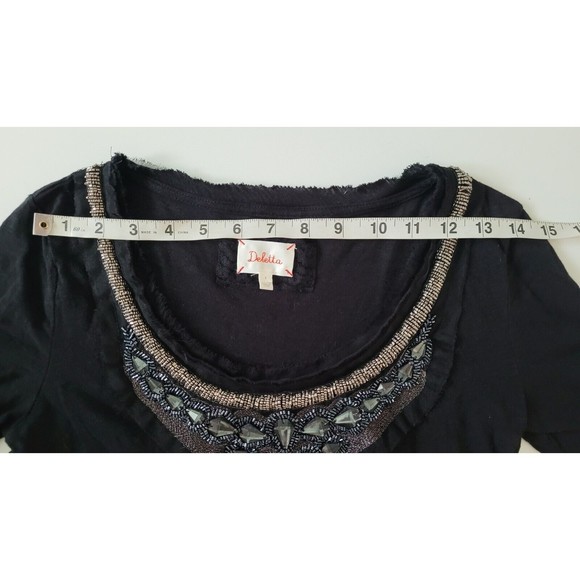 Anthropologie Deletta Hand-Beaded Neckline Black Knit Top Size Small Rocker Glam - Picture 7 of 11